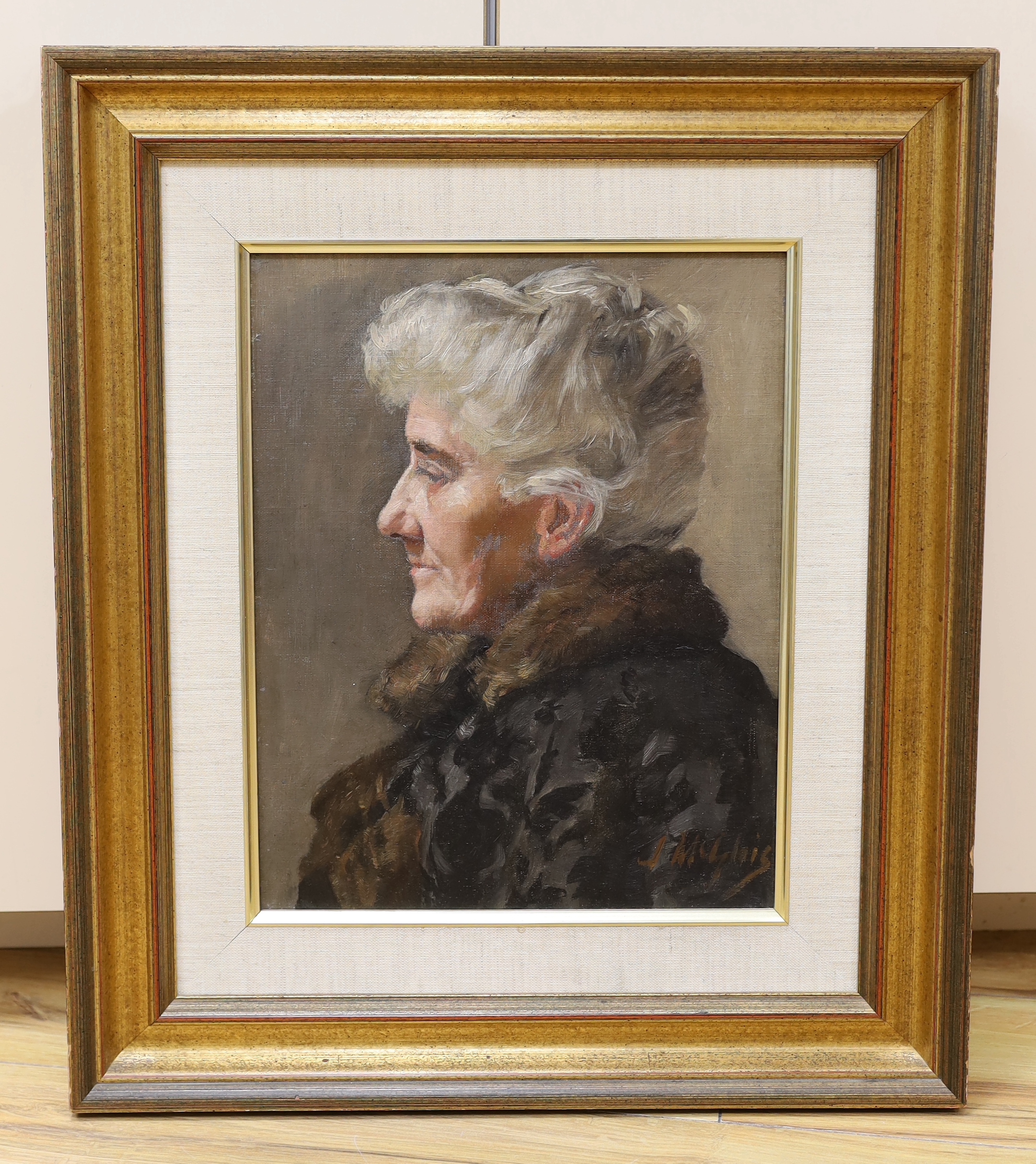 J. McGlais, oil on board, Portrait of an elderly lady, signed, 33 x 26cm